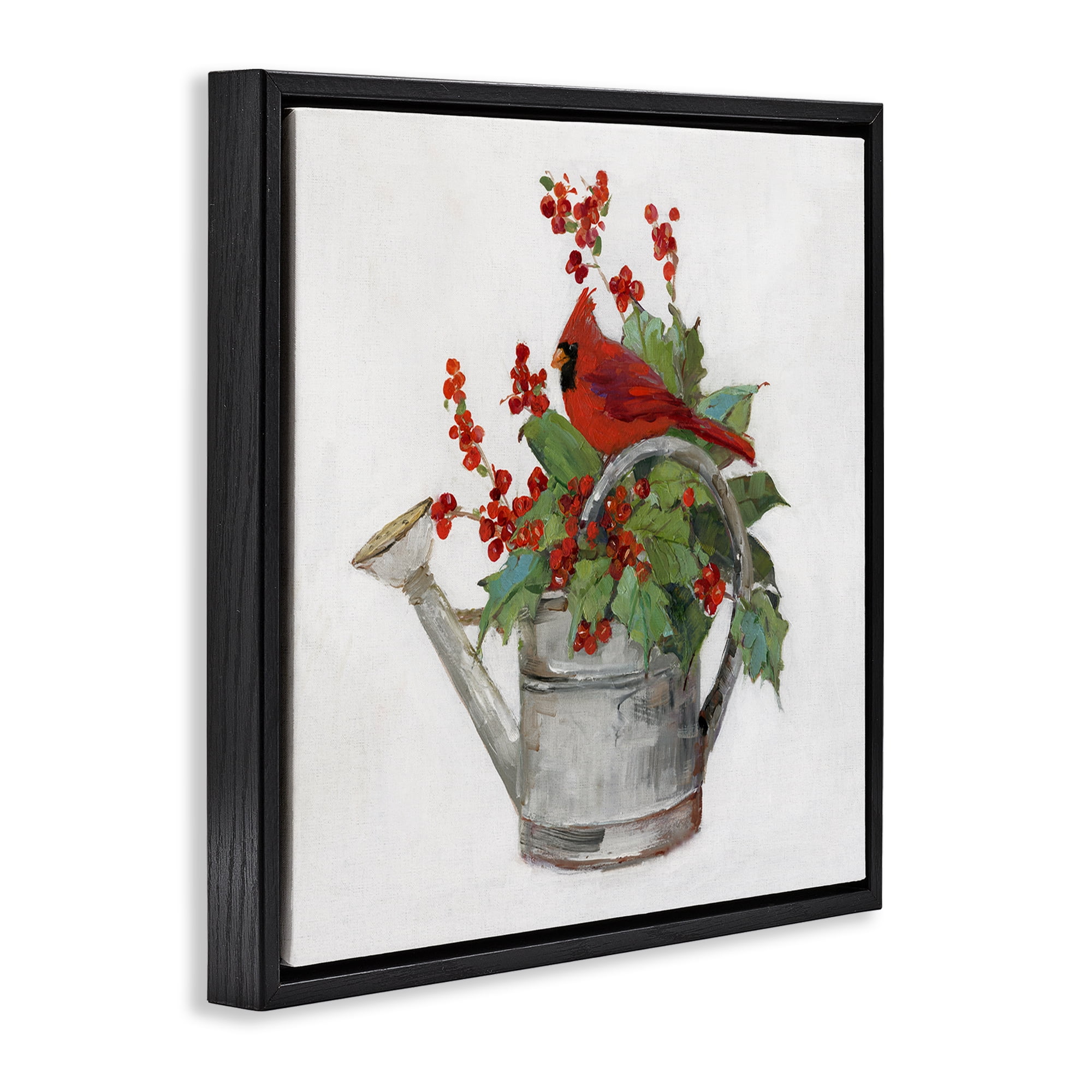 Stupell Industries Cardinal & Watering Can Holiday Painting Black Floater Framed Canvas Art Prints Wall Art, 18 x 18