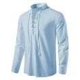 thumbnail image 2 of Dagegui Men's Linen Long Sleeve Shirts Vintage V-Neck Lace Up Shirt Solid Color Holiday Party Tee Casual Pullover Tops Light Blue S, 2 of 6