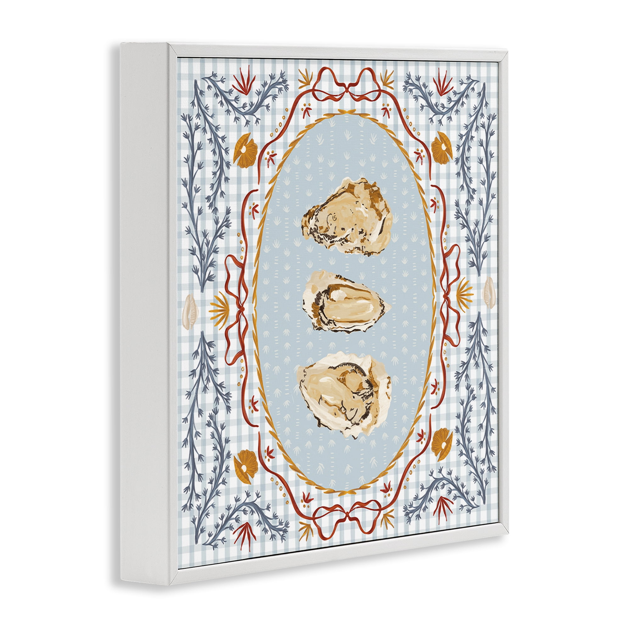 Stupell Industries Oyster Trio on Blue Gingham White Framed Giclee Art, design by Vero Illustrates