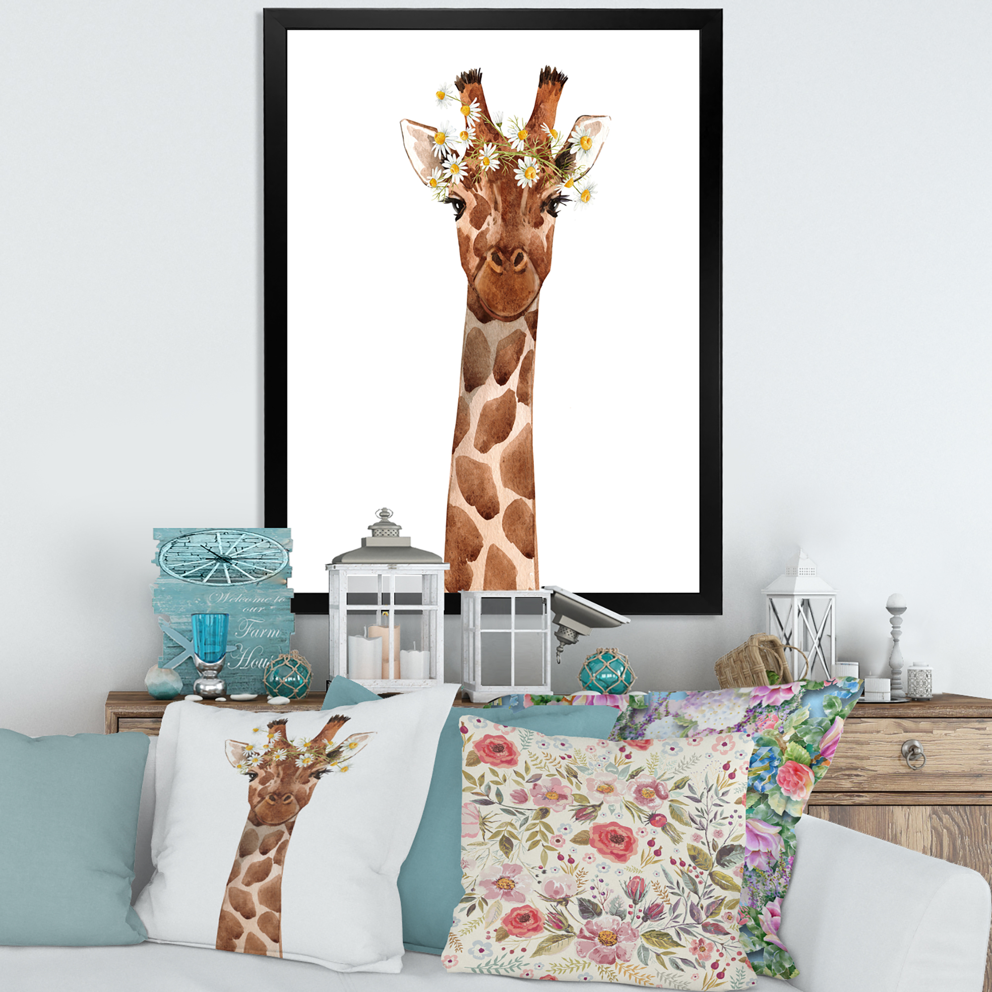Designart 'Portrait of A Giraffe With White Flowers' Farmhouse Framed Art Print