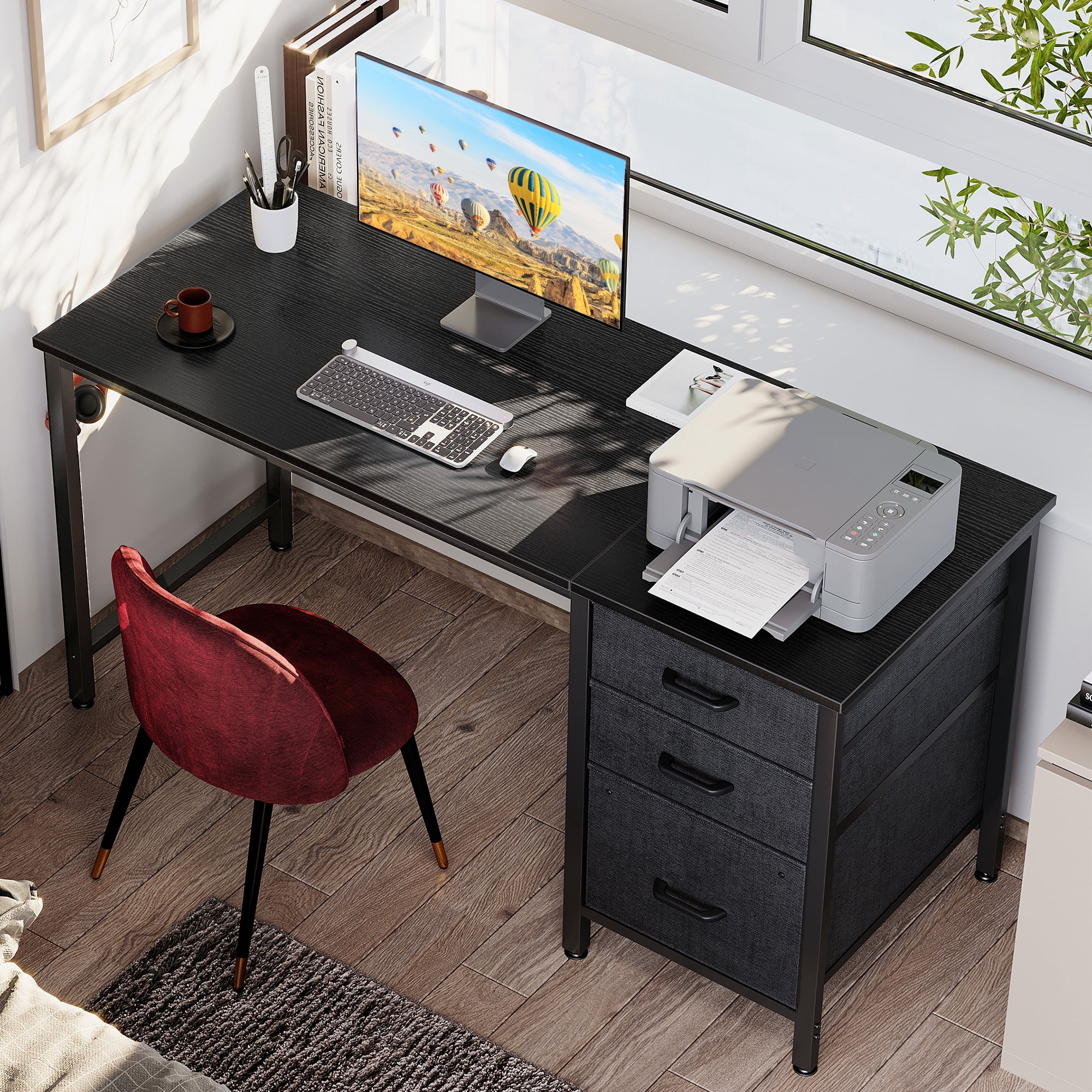 48 inch Computer Desk with 3 Fabric Drawers, Home Office Desk with File Cabinet, Writing Desk for Work and Study, Black