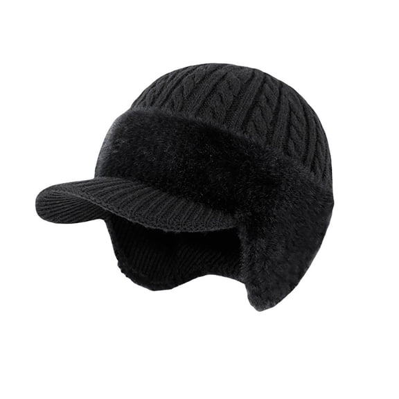 Winter Beanie with Brim and Ear Flaps, Fleece Lined Warm Knit Hat for Men Women Outdoor Thermal Stocking Cap
