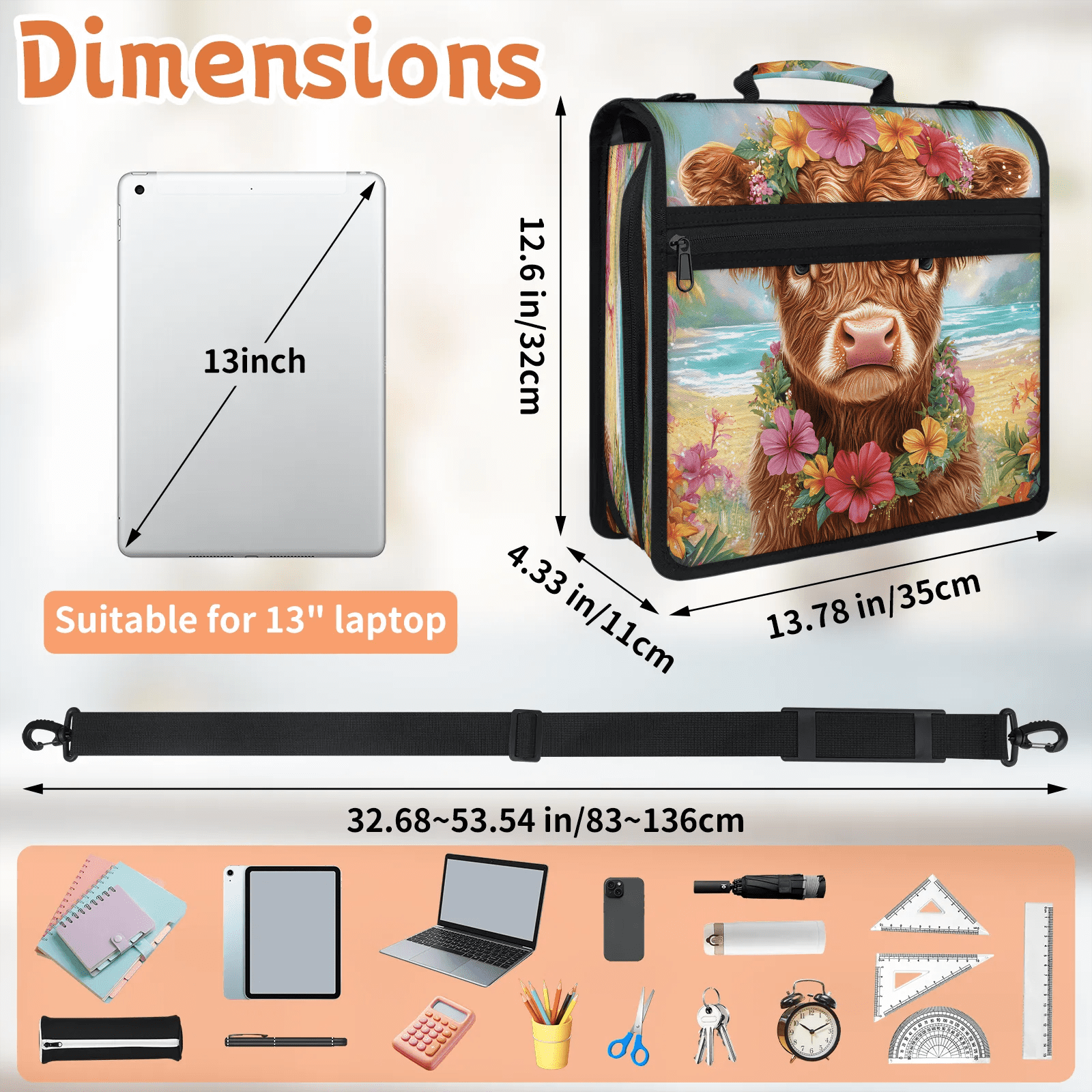 Herdesigns Funny Highland Cow Zipper Binder with Shoulder Strap, Waterproof 1.5 Inch 3 D-Ring Binder Organizer Bag, Fits 13 Inch Laptop for Work, Rustic Farmhouse Bull Animal