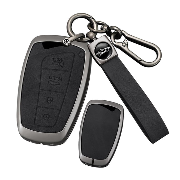4-Button Car Key Cover Fit for Hyundai Genesis 2013-2016 Key Remote Metal and Leather Key Fob Shell Case for Santa Fe Equus Azera IX45 2014-2017,Solid Key Protector with Keychain