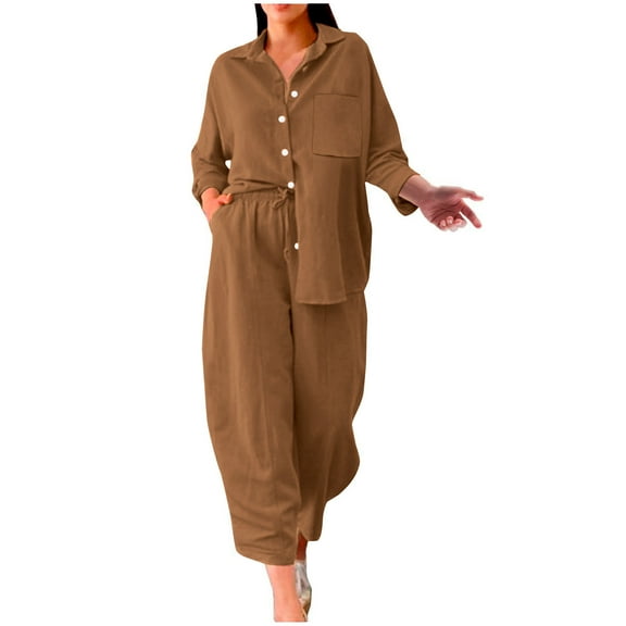 Linen Co Ord Sets for Women Plus Size 22,Ladies 2 Piece Outfits Linen Set Summer Long Sleeve Button Shirts Wide Leg Trousers Lounge Wear Beach Suit Tracksuits for Going Out Holiday