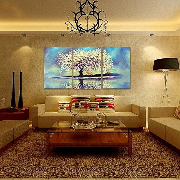 wall26 - 2 Panel Canvas Wall Art - Oil Painting Style Artwork with Deers Under Giant Colorful Tree - Giclee Print Gallery Wrap Modern Home Art Ready to Hang - 16"x24" x 3 Panels