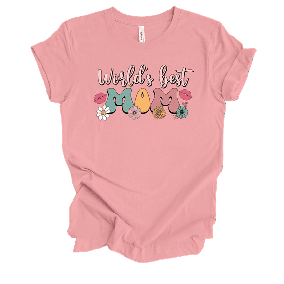 Womens Mother's Day Colorful Retro Groovy World's Best Mom Floral Ladies Short Sleeve T-Shirt-Pink-3X-Large