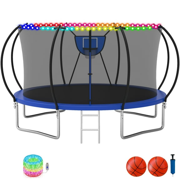 KOFUN 14FT Trampoline for Adults Capacity for 5-6 Kids, Backyard Trampoline with Basketball Hoop, Enclosure Net, Light, Ladder and 2 Balls, Large Trampoline for Family Jumping Outdoor Workout, Blue