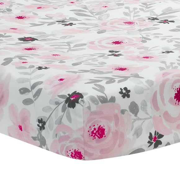 Bedtime Originals Blossom Drap-Housse de Lit de Bébé Rose/gris à Motif Floral Aquarelle