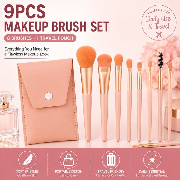 9PCS Pink Makeup Brush Set with Travel Case, 8 Professional Cosmetic Brushes for Foundation, Powder, Blush, Eyeshadow & Eyebrow, Portable Makeup Brushes Kit for Women