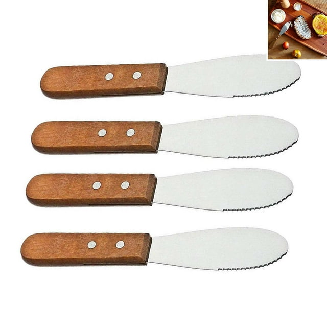 Esparcidor de mantequilla ancho de borde recto de acero inoxidable Juego de cuchillos para condimentos de queso crema de sándwich de lujo Utensilios de cocina, mango de madera, 8” (4) Vhermosa SNFLD822