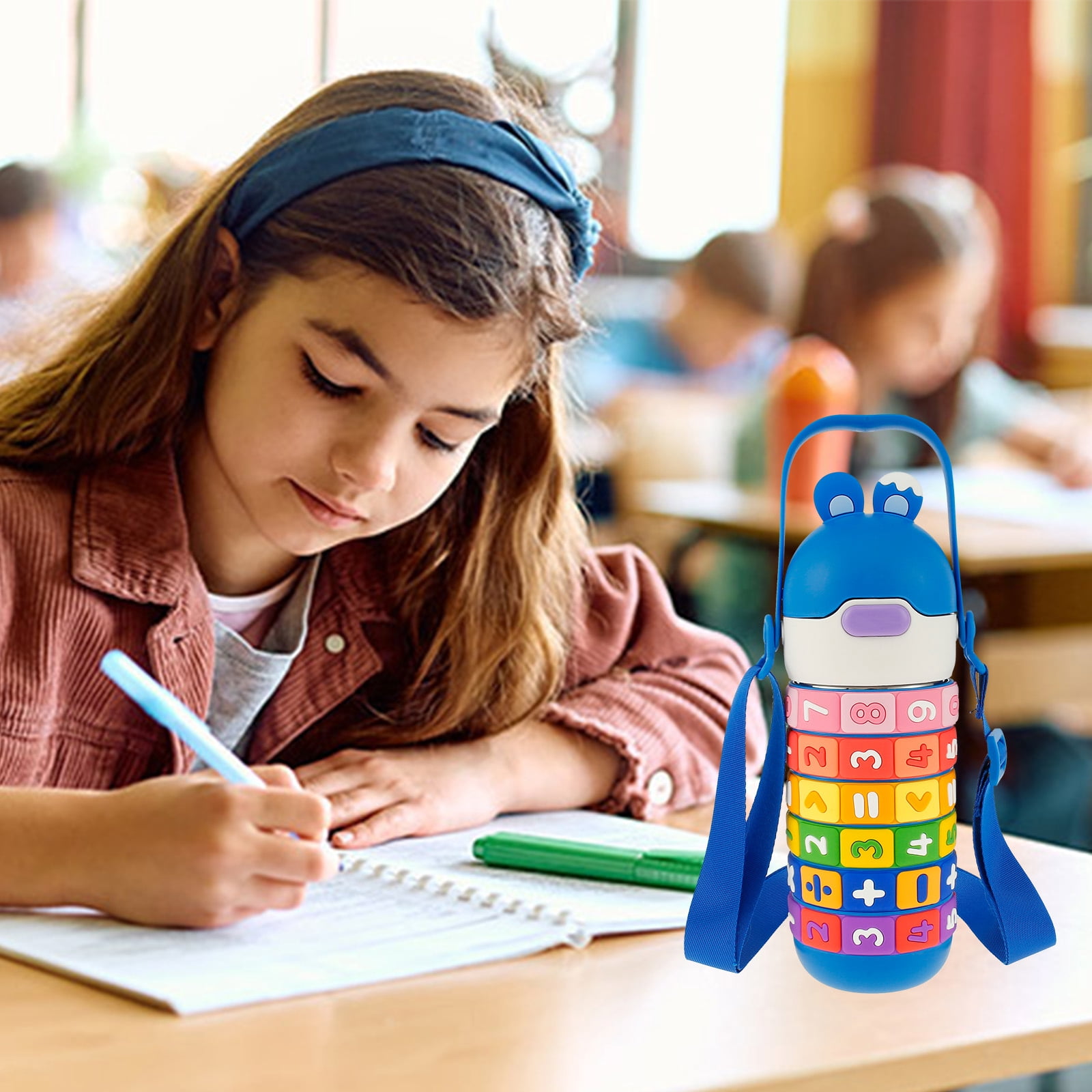 Fznkrag Kids Insulated Water Bottle Stainless Steel Kid Cup with Silicone Straw Sealing 430ml Kid Tumbler with Handle Adjustable Shoulder Strap