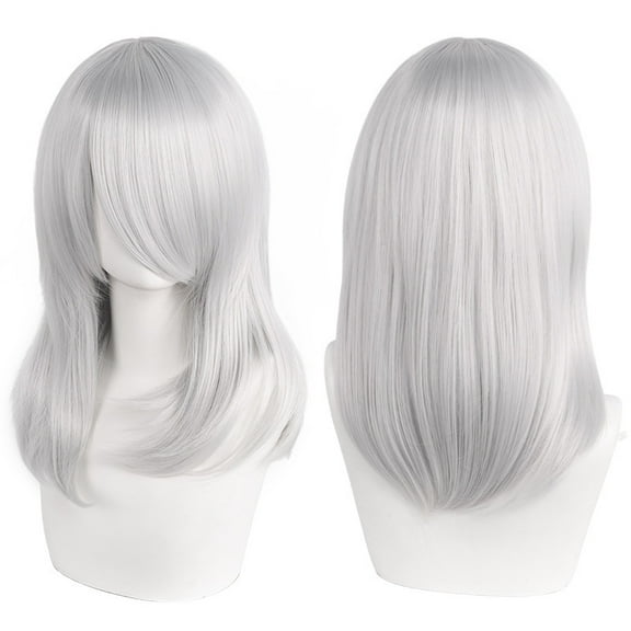 Namzi 1pc 40cm Short Wig, Cosplay Wig, Straight Wig, Synthetic Wig, Shoulder Length Wig,Grey White