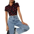 thumbnail image 2 of Blotona Women's Vintage Short Sleeve Button Down Cardigan Blouse Lapel Neck Rib Knitted Open Front Crop Tops T-Shirt, 2 of 5