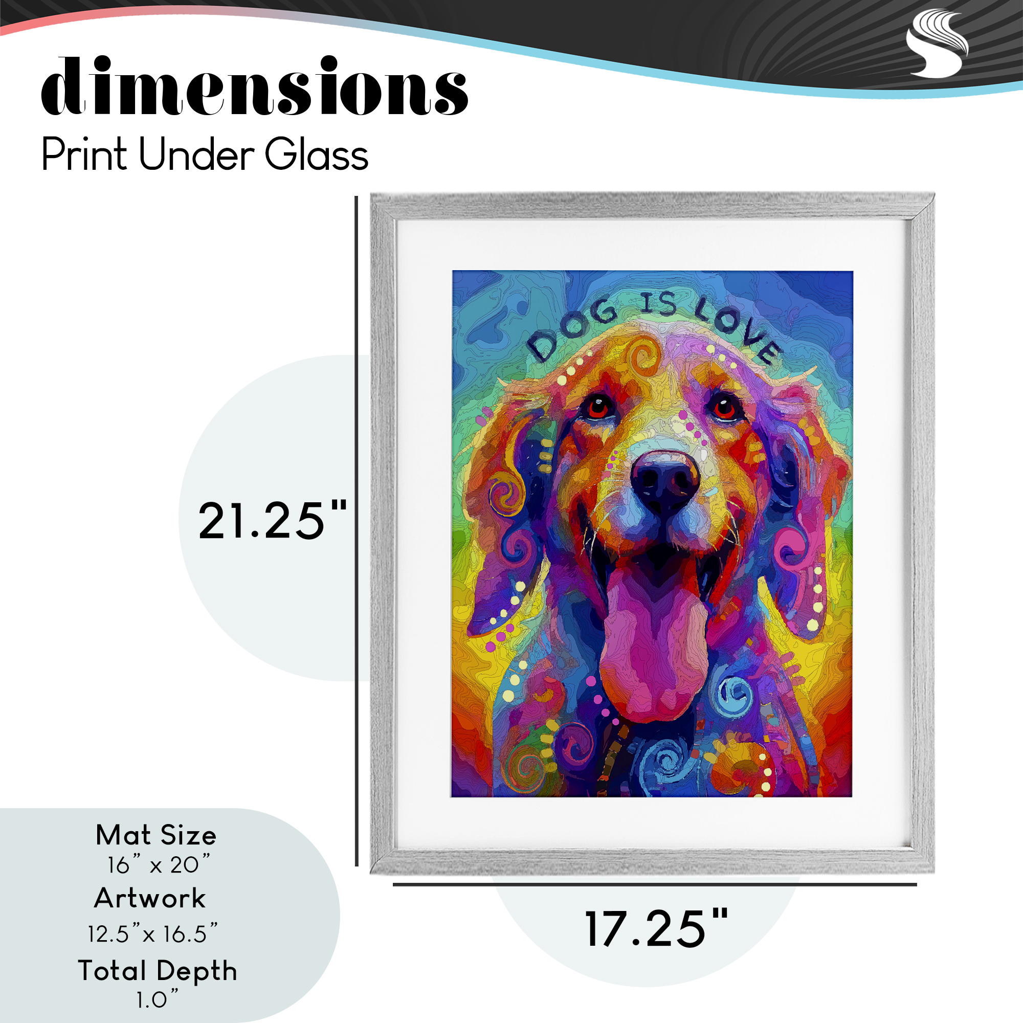 Dog Is Love Swirled Pattern Gray Framed Print Under Glass, design by Dean Russo- Evolution Collection
