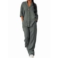 thumbnail image 3 of Womens Cotton Linen 2 Piece Sets V Neck Button Down Long Sleeve Shirt Wide Leg Trouser Sets with Pockets Army Green XL, 3 of 7