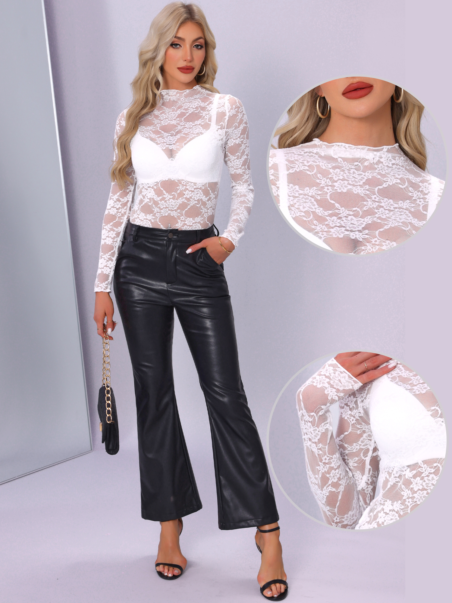 DARING DIVA Women's Mock Neck Slim Fit Lace Sheer See Through Top M White
