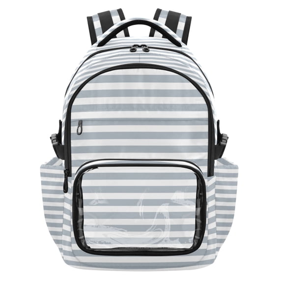 Qxltty Gray Stripes Backpack School Bookbag with Clear PVC Front Pocket, Laptop Compartment, Water Resistant Travel Daypack for Students