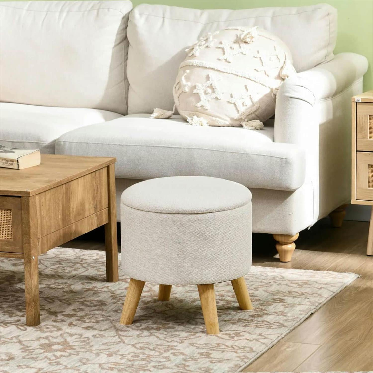 Demi Bonn 15" Ottoman Stool with Hidden Storage, Wood Legs, Linen Upholstered Footstool, Padded Seat, Space-Saving, White