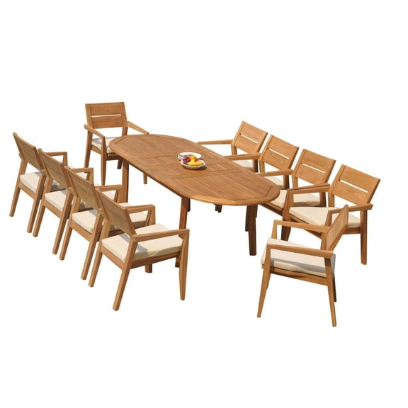 Grade-A Teak Dining Set: 10 Seater 11 Pc: 94" Oval Table And 10 Vellore Stacking Arm Chairs Outdoor Patio WholesaleTeak #51VL2211