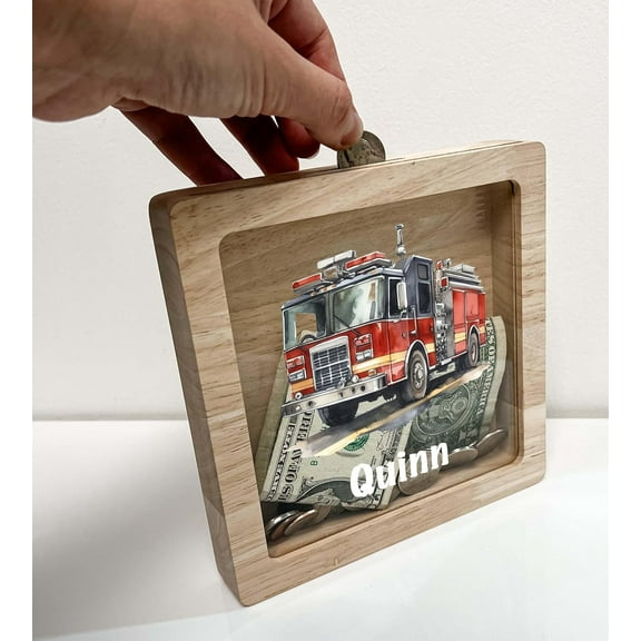 Personalized Savings Piggy Bank Fire Engine Truck Boys Custom Name Money Box Firefighter Room | Fire truck decor for boys | Toddler Boys Gift, Teach Savings in Style! Made In America