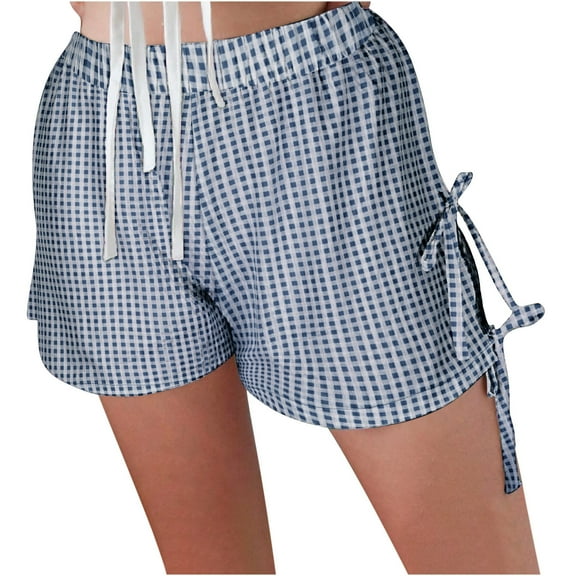Arnsht Womens Boxer Shorts Gingham Pajama Summer Casual Drawstring High Waisted Shorts Plaid Lounge Sleep Y2k Beach Bottoms Blue L