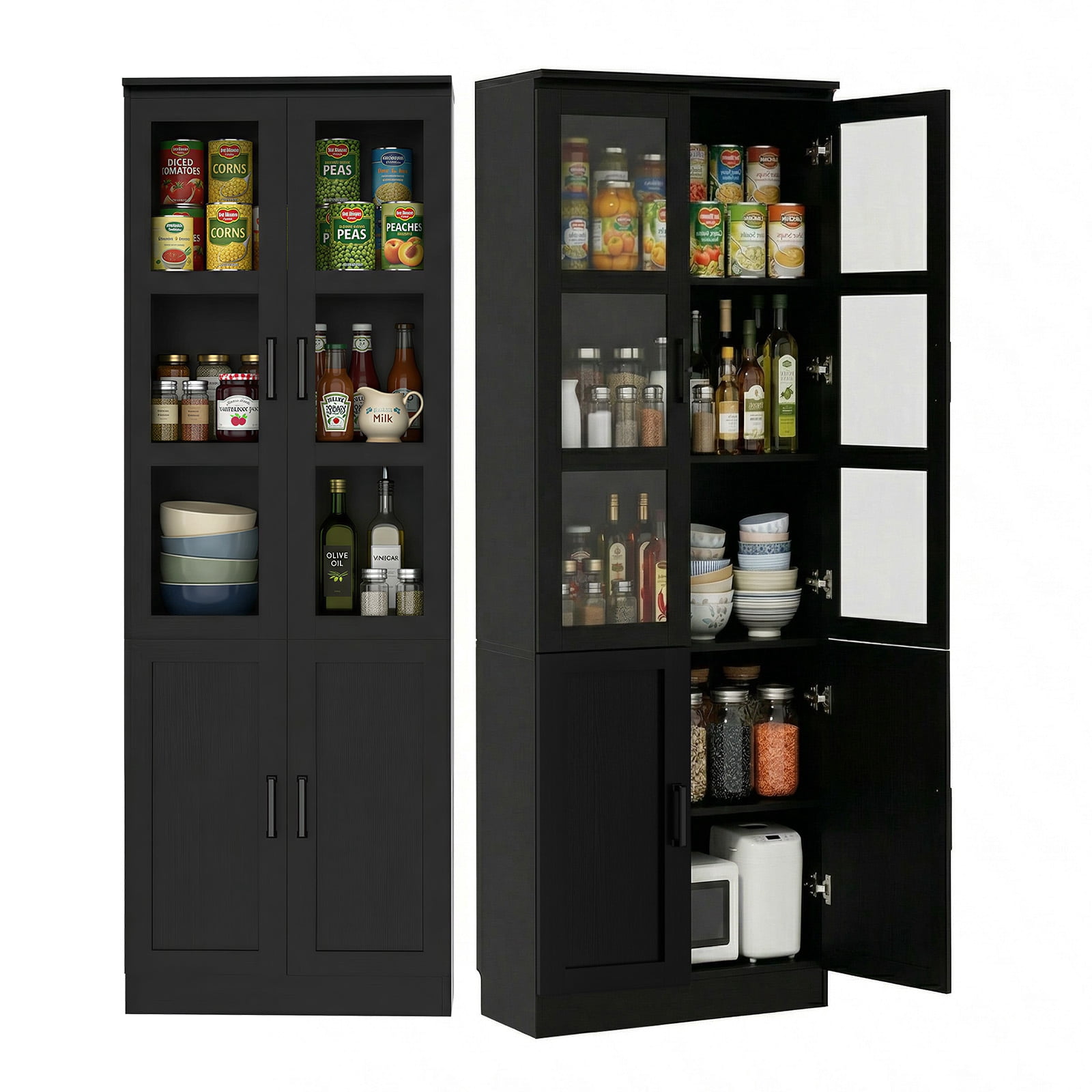 iSunirm 79.7'' Tall Pantry Cabinet with Tempered Glass Doors and Adjustable Shelves, Freestanding Kitchen Hutch Cabinet for Kitchen, Dining, Living Room, Black, 2 Packs