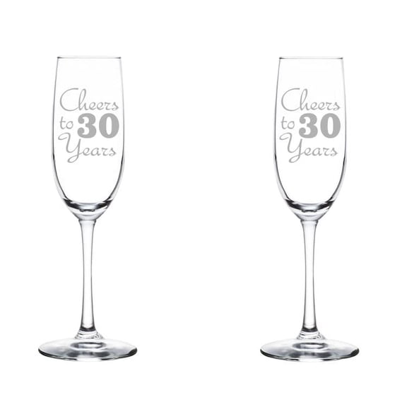 Set of 2 Glass Champagne Flutes Sparkling Wine Glasses Birthday Anniversary Cheers 30 Years (8 oz Stemmed)