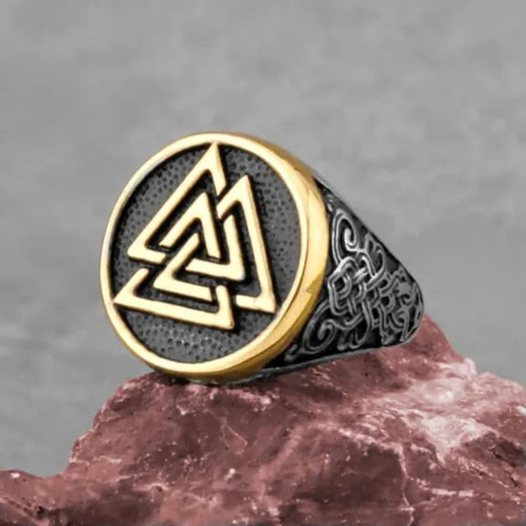 K-KED Nordic Trend Viking Odin Triangle Rune Men's Stainless Steel Rings Sizes 7-13-Silver/Gold-7