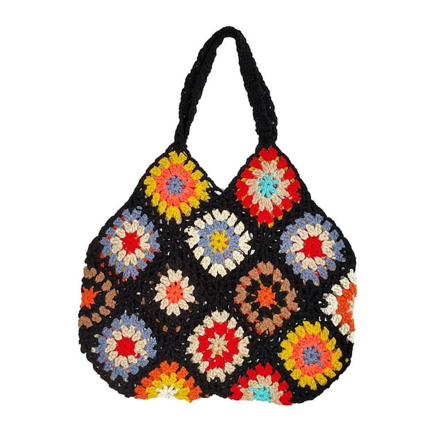 Bolso de hombro de las mujeres bohemias Bolsos Hollow Out Picnic Photo Props Viajes de verano Chic Casual Hecho a mano para cosméticos de sol , negro Hugo Bolso De Ganchillo