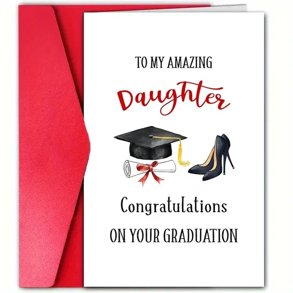 Graduation Card for Daughter – "Congratulations on Your Graduation" with Graduation Cap and Heels Design – Envelope Included, Blank Inside – Perfect Gift for Graduation Celebration