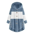 thumbnail image 1 of HBFAGFB Womens Jacket Winter Color Block Plush Button Hoodie Loose Comfort Warm Coats Blue Size S, 1 of 5