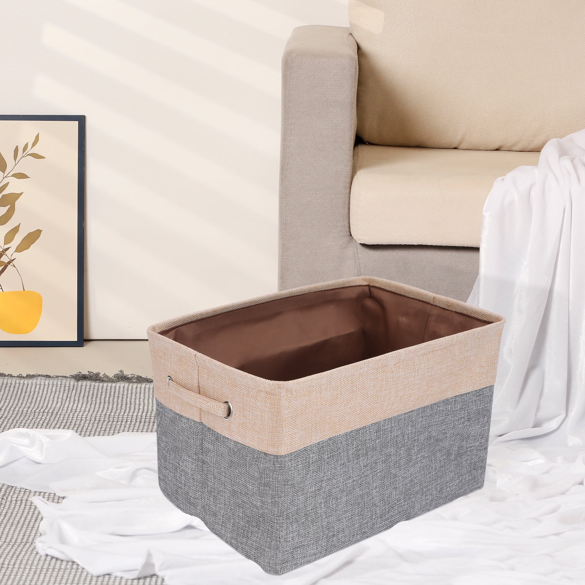 Unique Bargains Storage Cube Fabric Storage Bin with Handles Beige 15*10.2*9.8in