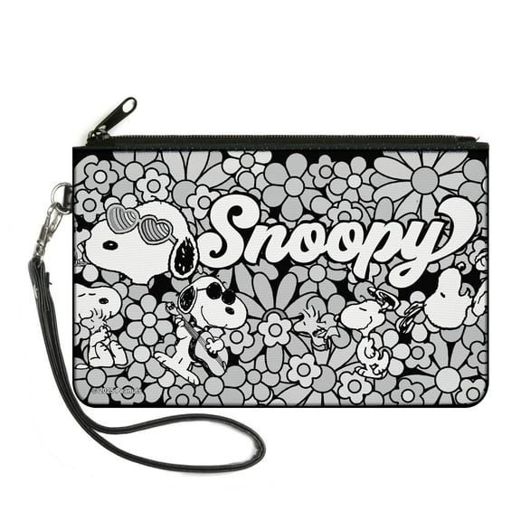 Peanuts Wallet, Zip Clutch, Snoopy Poses and Daisy Flowers Collage Black Grays White, Canvas