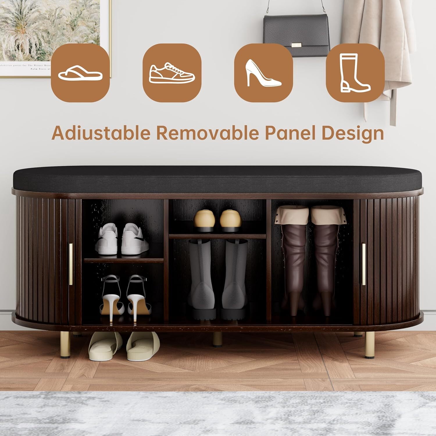 avobird 43.3" 2-Tier Storage Bench,Wide Shoe Bench with Thickened Padded Seat Cushion, Mid Century Modern Fluted Sliding Door and Adjustable Shelf, for Entryway,Bedroom Coffee