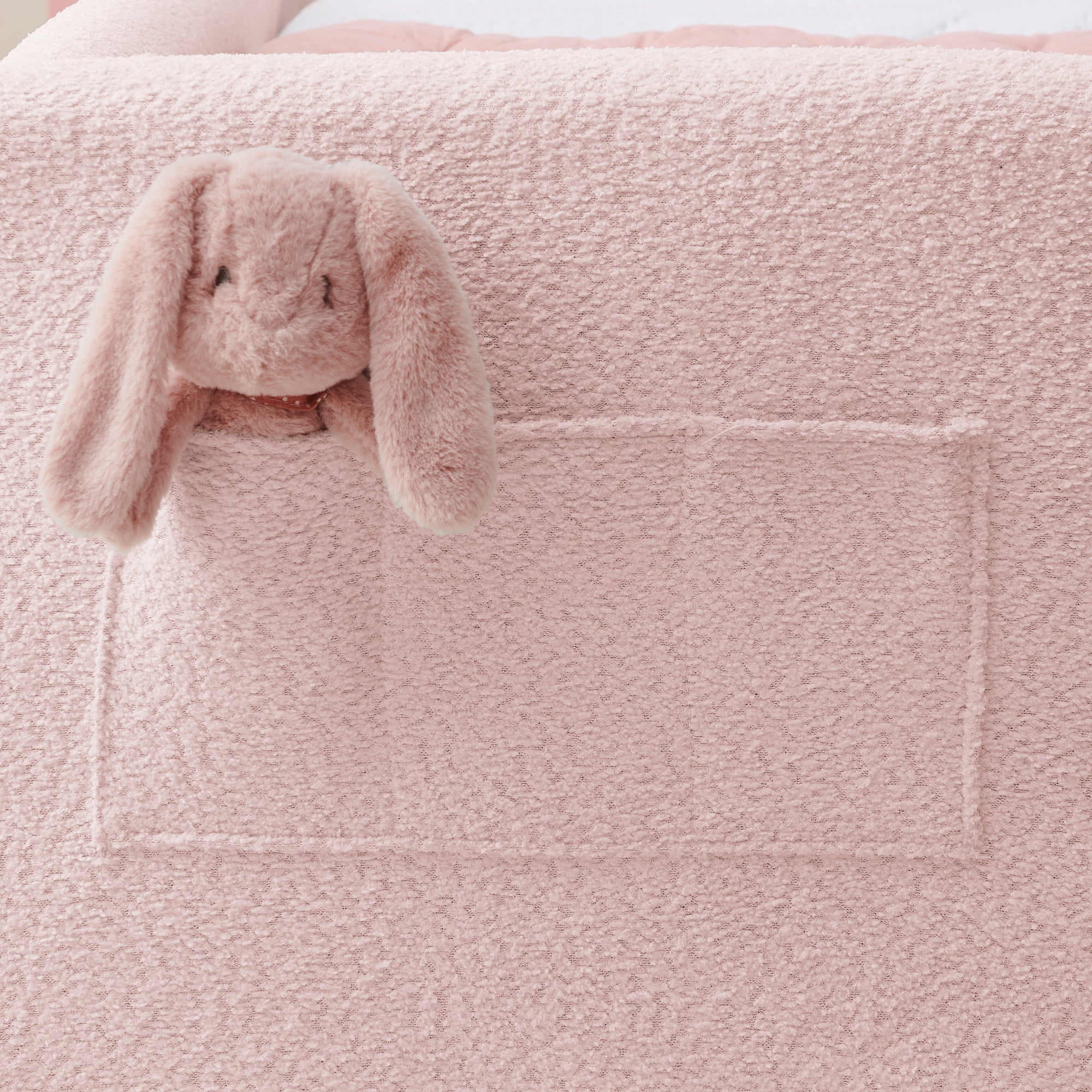 PORKISS Twin Bed Frames for Kids, Boucle Upholstered Platform Bed Frame with Safety Rails, Cute Bunny Ear Cartoon Bed with Storage Pocket, Pink