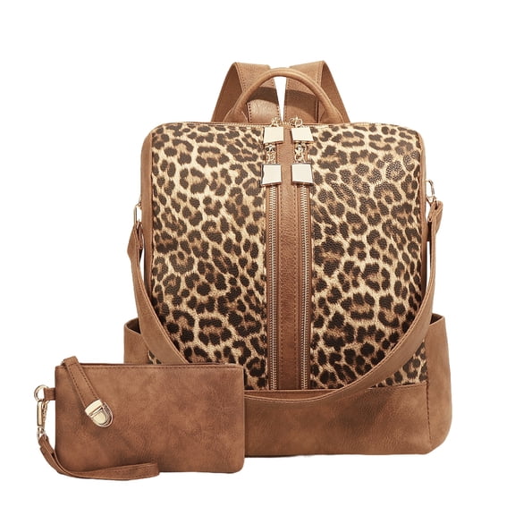 HUISZJ Leopard Print Backpack, Fashion Backpack with Handbag, Large Capacity Shoulder Bag for Work Travel (Brown)