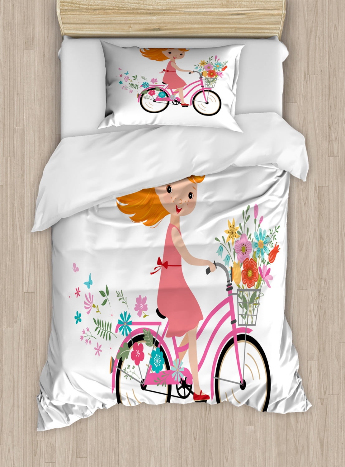 Kids Twin Size Duvet Cover Set, Happy Little Girl with Bunch of Flowers Riding a Bike Cheerful Childhood Activity, Decorative 2 Piece Bedding Set with 1 Pillow Sham, Multicolor, by Ambesonne