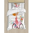 thumbnail image 1 of Kids Twin Size Duvet Cover Set, Happy Little Girl with Bunch of Flowers Riding a Bike Cheerful Childhood Activity, Decorative 2 Piece Bedding Set with 1 Pillow Sham, Multicolor, by Ambesonne, 1 of 3