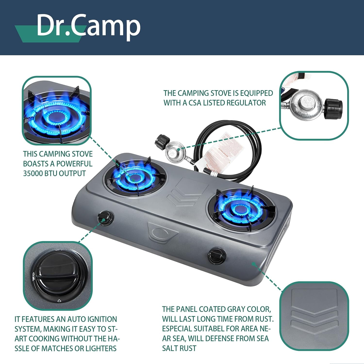 35000 BTU 2 Burner Propane Gas Stove Cooktop Outdoor Camping Stove Portable Double Burner for BBQ Boiling Frying Cooking Estufa de Gas Portátil Fogón de Gas