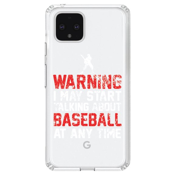 DistinctInk Clear Shockproof Hybrid Case for Google Pixel 4 (6.1" Screen) - TPU Bumper Acrylic Back Tempered Glass Screen Protector - Warning May Start Talking Baseball