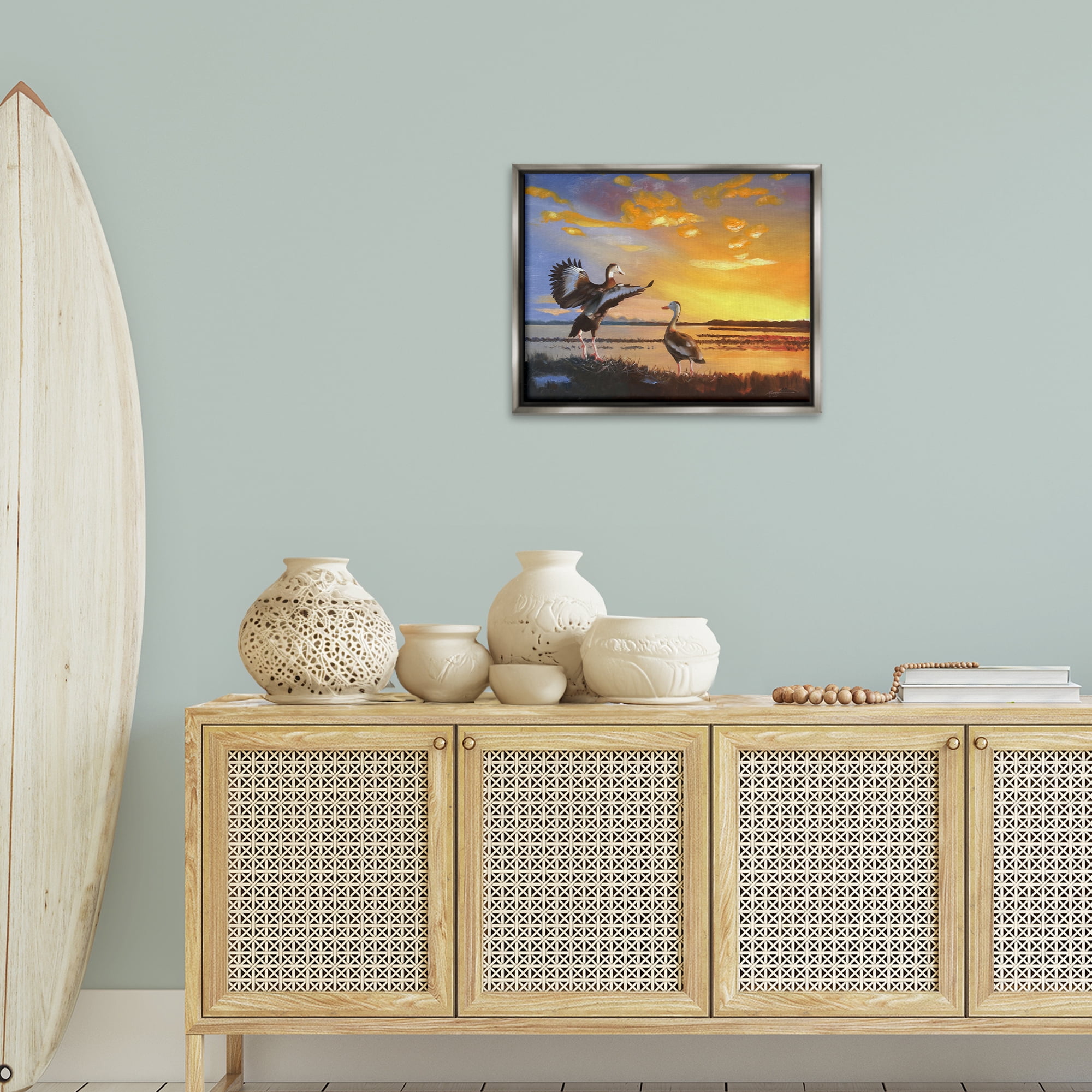 Stupell Industries Beach Birds at Sunset Animals & Insects Painting Gray Floater Framed Canvas Art Print Wall Art, 21 x 17