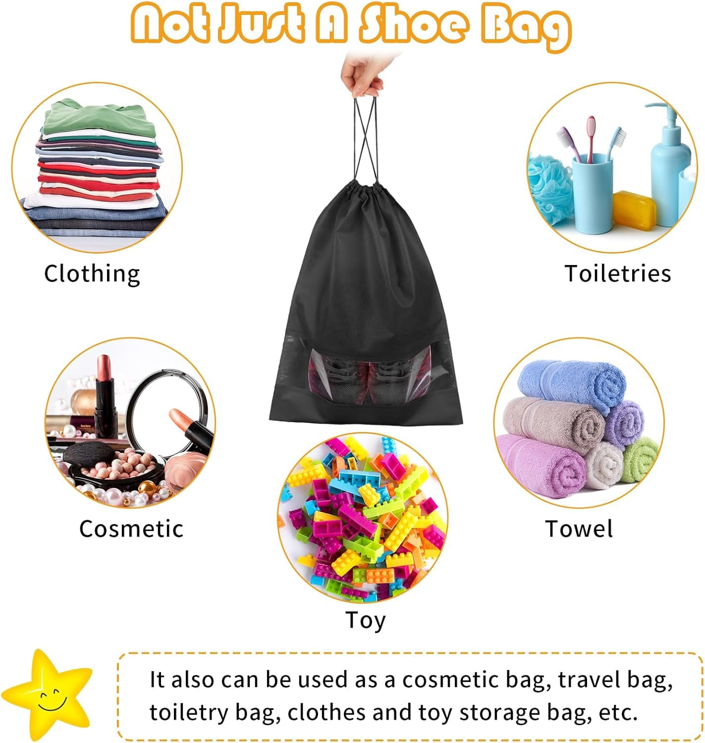 Large Black Travel Shoe Bags - 5 Pcs with Clear Window, Non-Woven Drawstring, 12.6" X 17.3" for Men Women