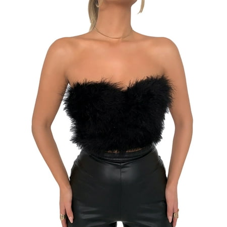 

Feather Crop Top for Women Faux Fur Bustier Strapless Off Shoulder Corset Bandeau Tube Top