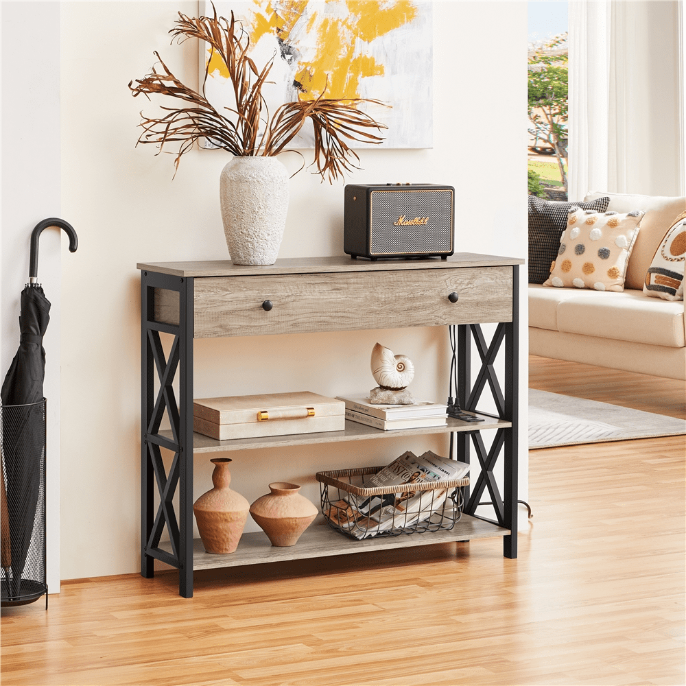 Alden Design Vintage Wooden Console Table with Power Outlet & 1 Drawer for Entryway, Gray