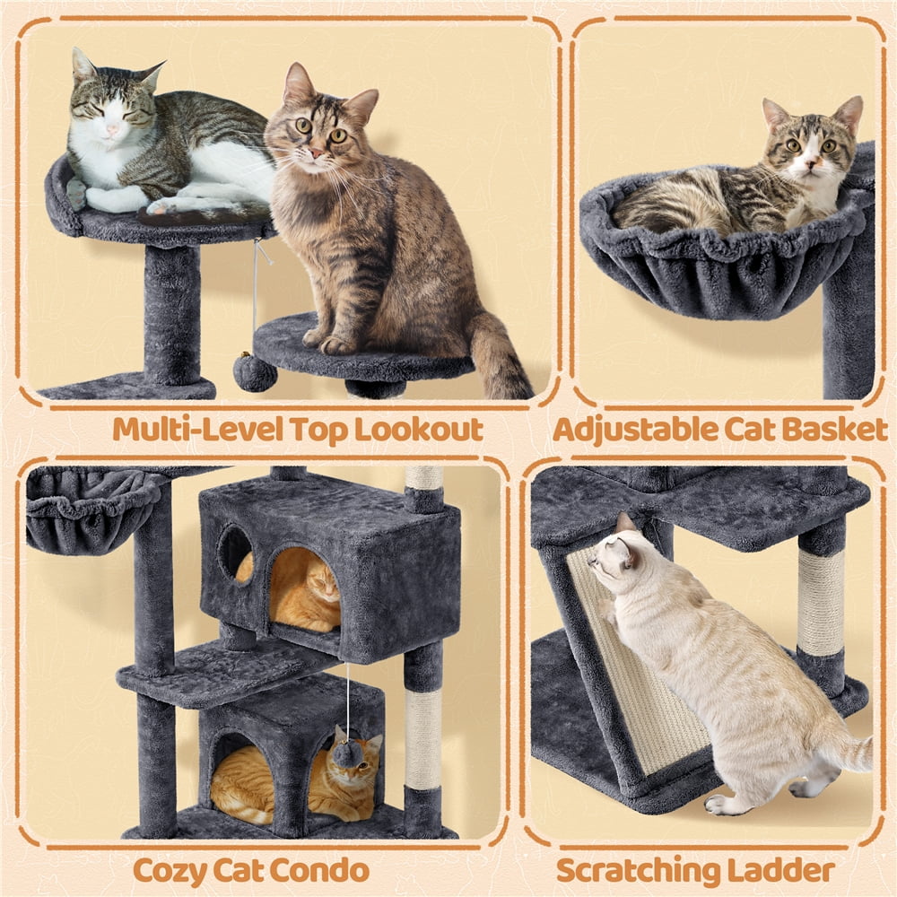 Yaheetech 57.4''H Cat Tree Tower Cat House with 2 Condos, Scratching Posts, Ramp, Dark Gray