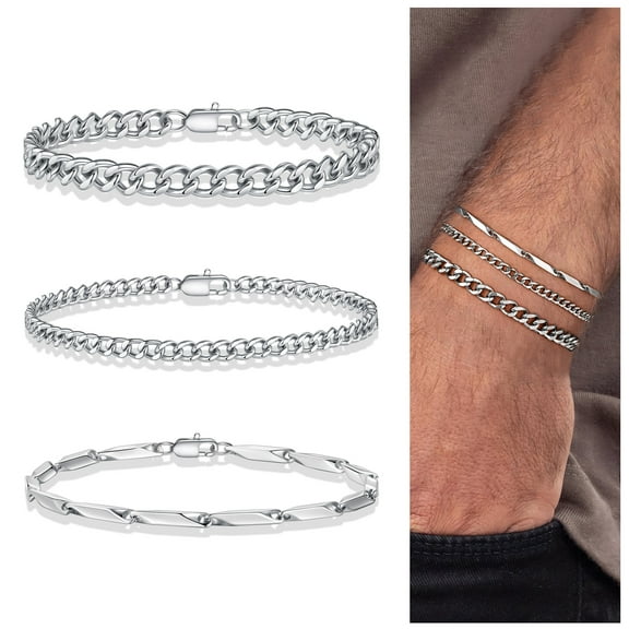 Turandoss Sterling Silver Cuban Link Layered Chain Bracelets Set for Men Herringbone Figaro Wrist Chains 8.3" Sturdy Stainless Steel Valentines Day Birthday Gifts for Men Brother