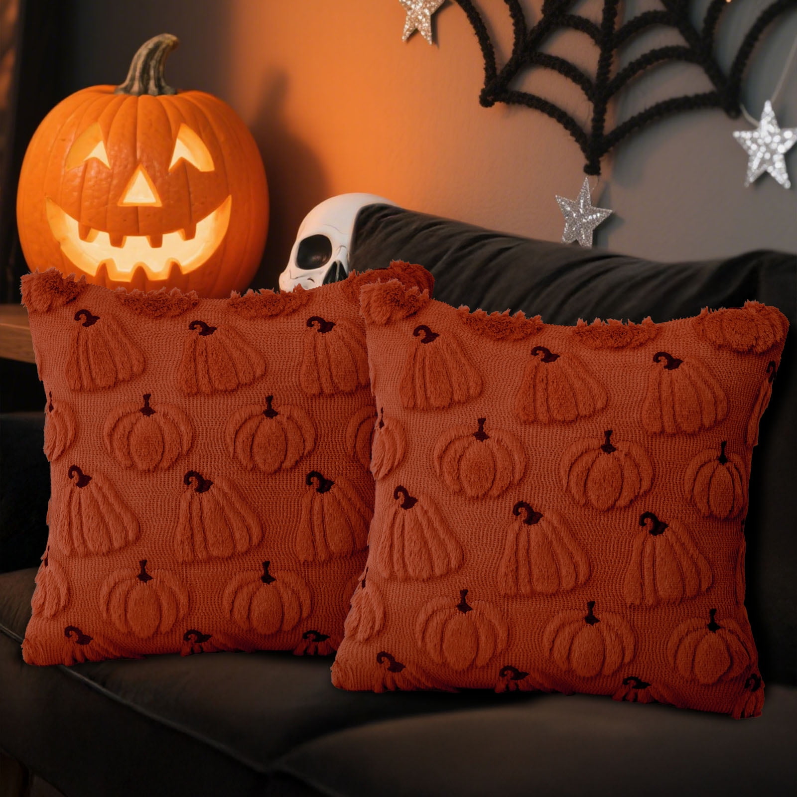 Sanmadrola Fall Pillow Covers 18x18 Throw Pillow Cases Set of 2 Halloween Thanksgiving Autumn Decorations Pumpkin Soft Plush Faux Fur Wool Couch Cushion Case for Sofa Bedroom Living Room Home Decor