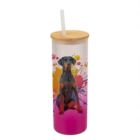 

100 North 25 Ounce Frosted Glass Gradient Travel Tumbler With Straw & Wooden Lid Doberman Pinscher Dog Pink