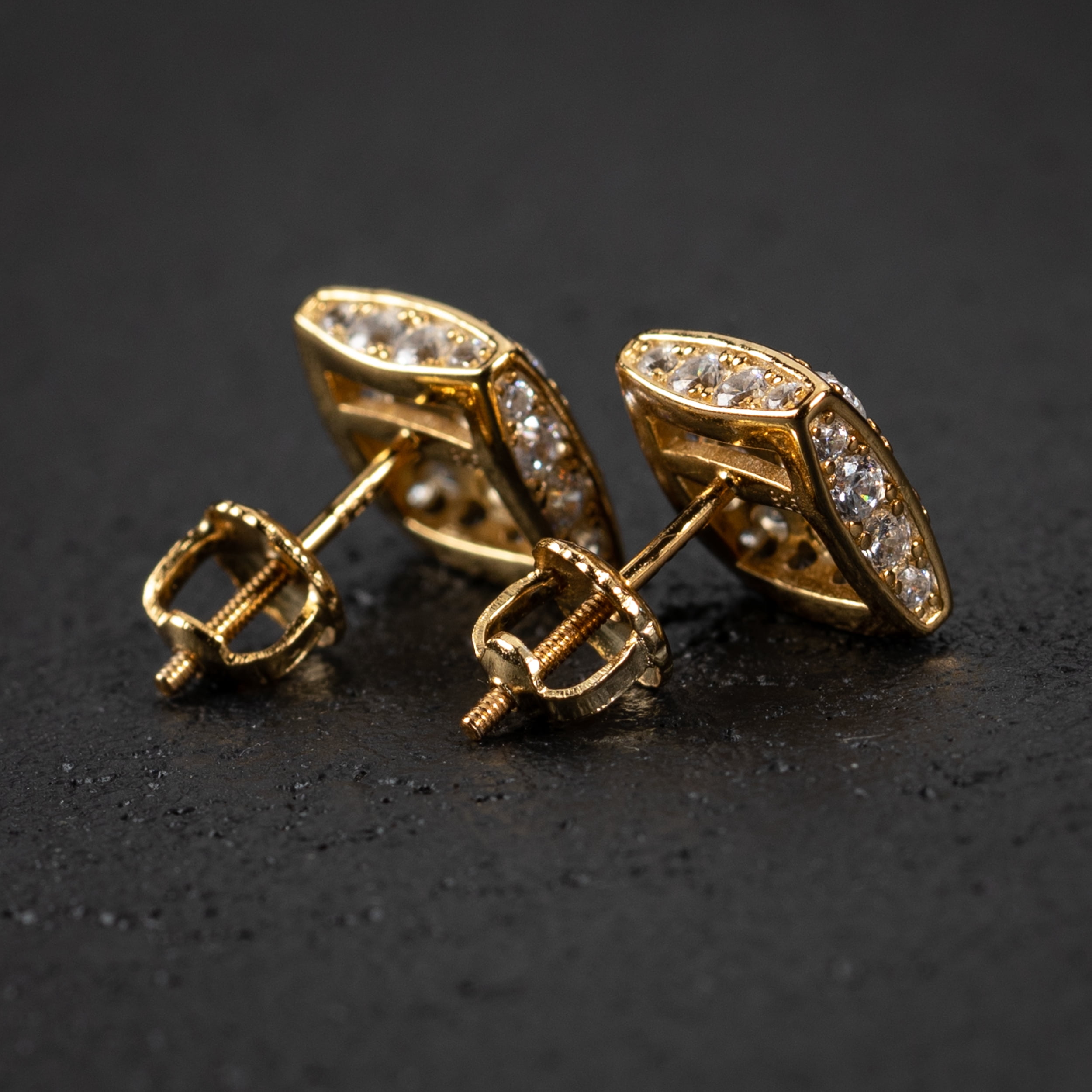 Men's Square Pointer Hip Hop Gold Plated 925 Sterling Silver Iced Screw Back Earrings